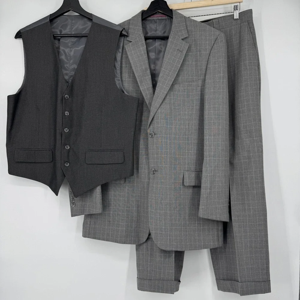 Steve Harvey Grey Glen Plaid 3-Piece Suit Mens 40R Jacket 34W Pants Vest